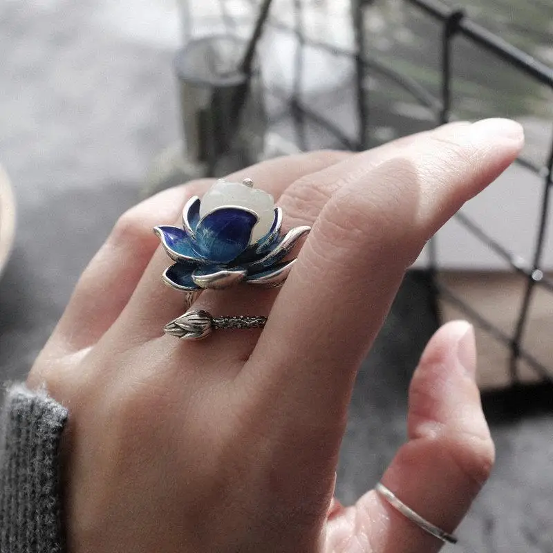 Silver Ring Natural Hetian jade Enamel Porcelain Lotus Canopy Open Ring Chinese Retro Design Jewelry