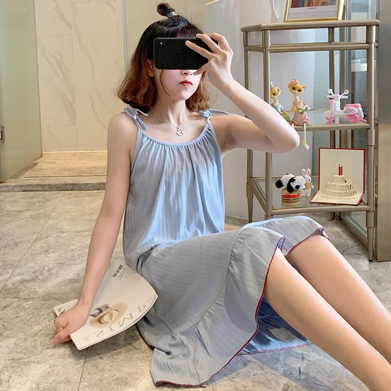 

Suspended Sleeping Dress for Women Summer Thin Korean Cute Princess Style Home Nighty Girl Night Wear Knee-Length Nightgowns