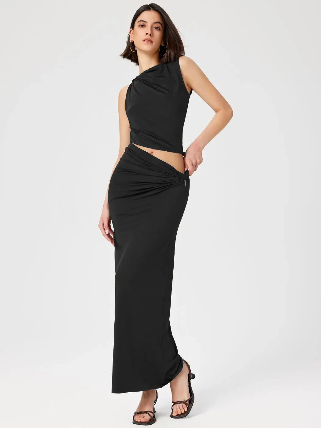 InsLucky Sexy Office Lady Solid Two Piece Set Knitting Sleeveless Cropped Top Tank High Waist Folds Skirts Women Matching Sets
