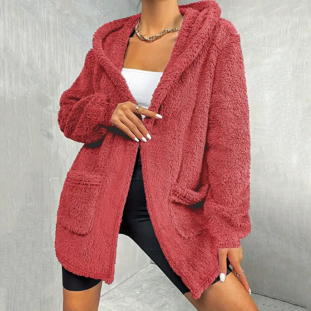 

Женское пальто с длинным рукавом, женское плюшевое пальто средней длины с капюшоном, Повседневная Верхняя одежда для осени и зимы, свободный крой, тренчкот с овечьей шерстью