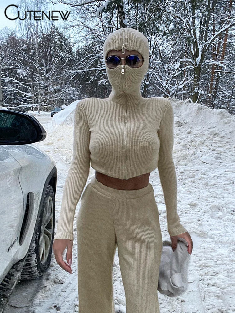Classic Sporty Women 2Piece Set Concise Autumn Tracksuits Solid Hooded Zip-up Crop Tops+Matching Pants Female Knit Suits