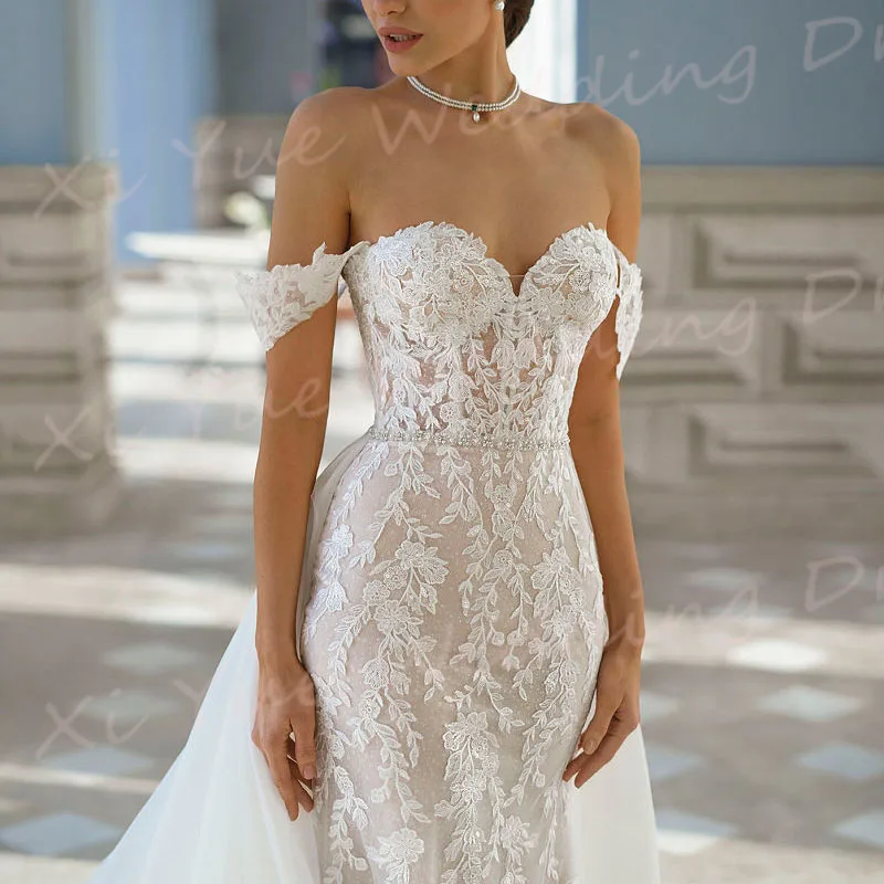 Wedding Dresses Modern Sweetheart Mermaid Lace Appliques Backless Off The Shoulder Bride Gowns Detachable Train