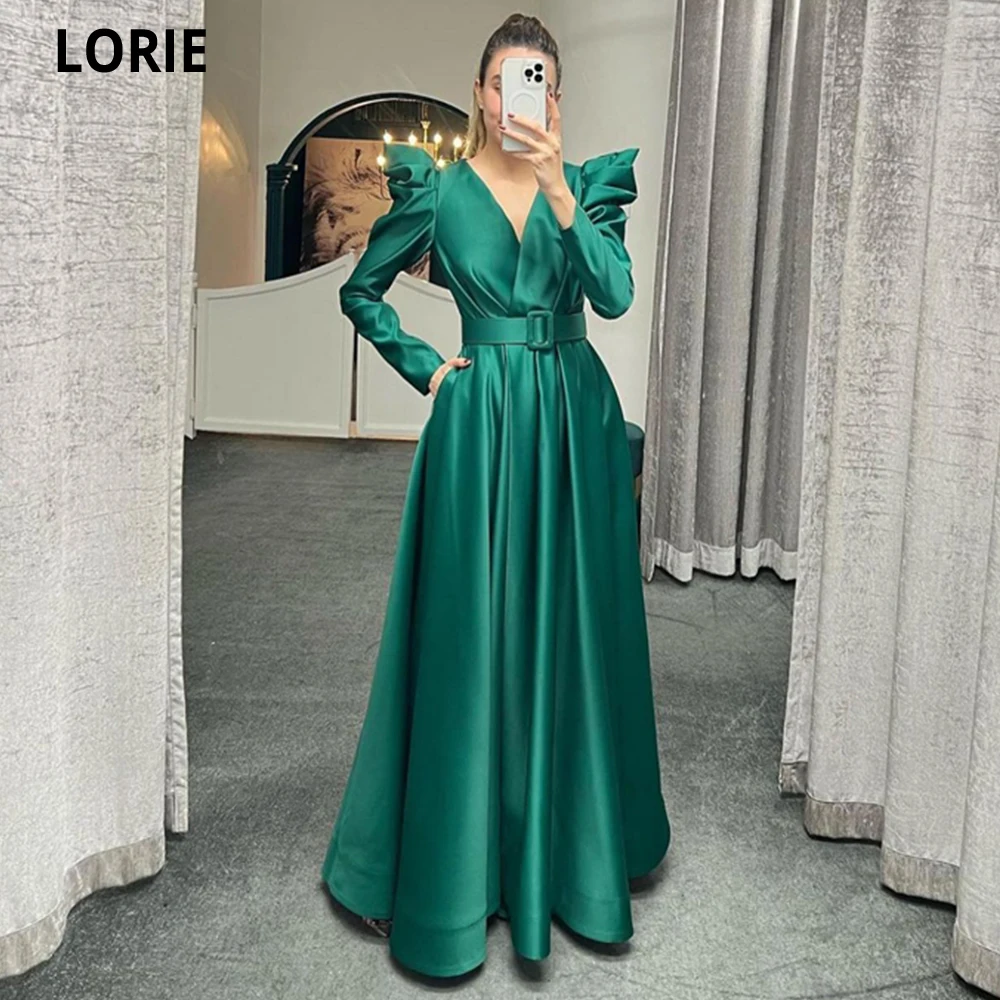 

LORIE Vintage Arabic Women Formal Evening Dresses Long Sleeves Satin Pleats Sash Floor ength Prom Dress Party Gown Party Gowns