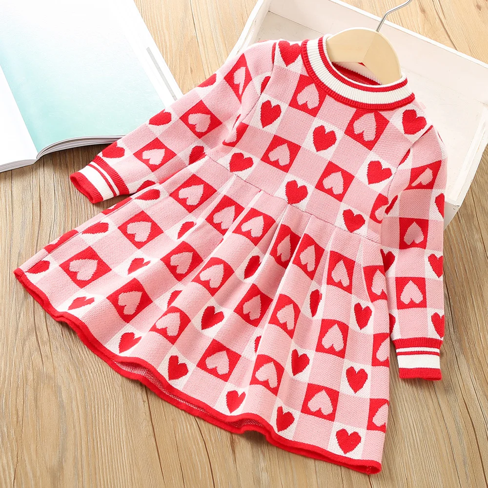 

New Fashion Spring Autumn Girls Dress Full Print Heart Knitted Sweater Dress For Kids Children Brithday Present Clothes