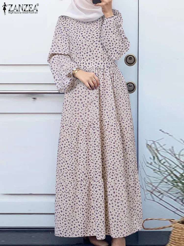 

ZANZEA Fashion Dubai Long Muslim Dress Woman Floral Printed Puff Sleeve Dresses Autumn Vintage Holiday Sundress Eid Mubarek 2023