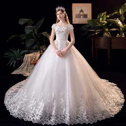 Luxury Diamond Wedding Dress 2023 New Simple Short Sleeve O Neck Lace Wedding Dress Sweep Big Train Ball Gown Vestido De Noiva