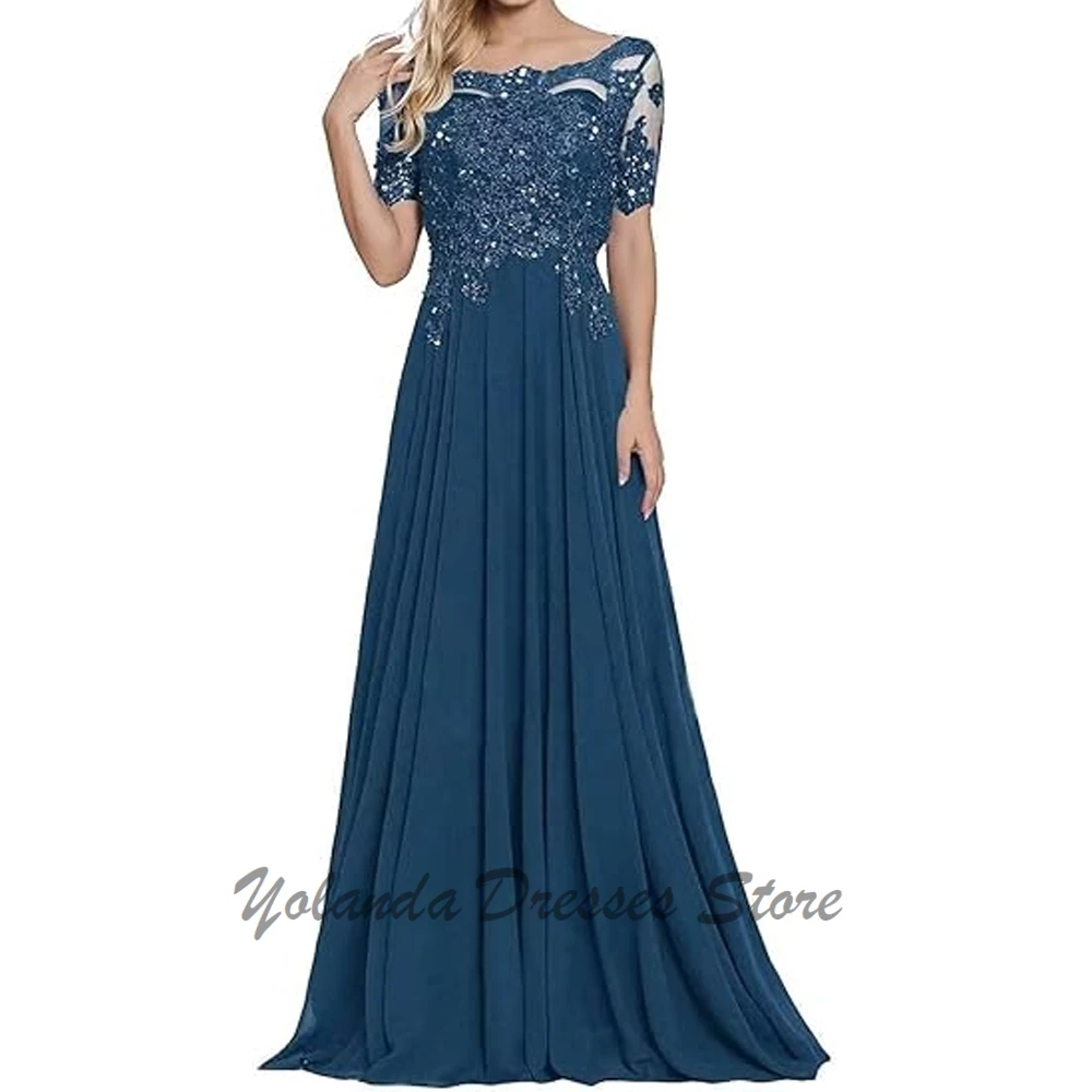 Modern Half Sleeves Bridesmaid Dresses for Wedding Scoop Neck Lace Up Formal Dress Floor Length Appliques Lace Evening Gown