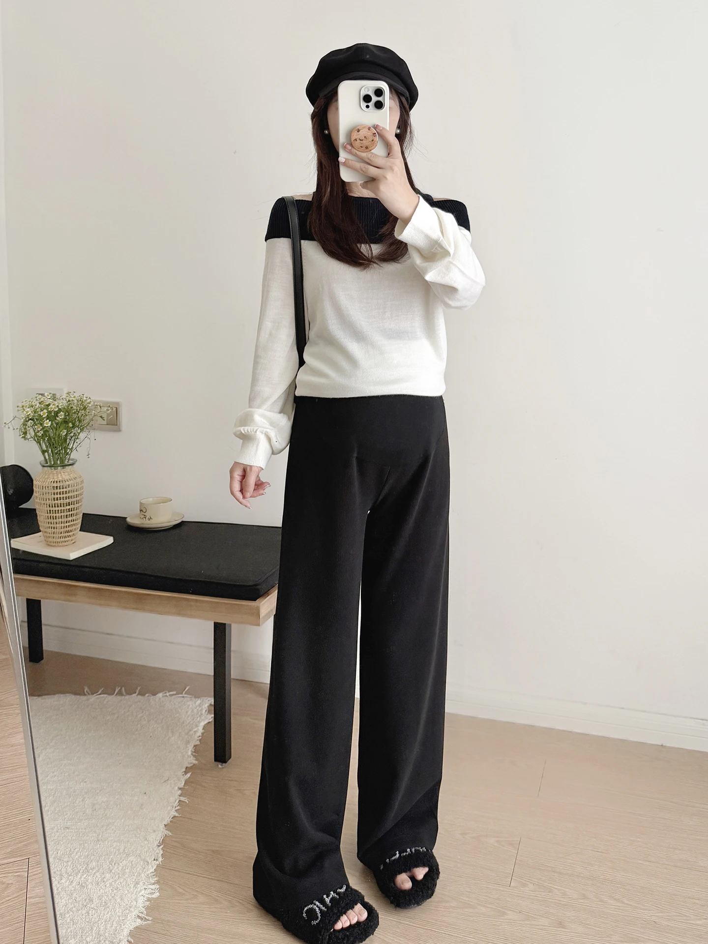 임산부 바지 봄 아우터 루즈핏 슬리밍 숏 플러스 사이즈 블랙 배 받침 스트레이트 레그 와이드 레그 롱 팬츠