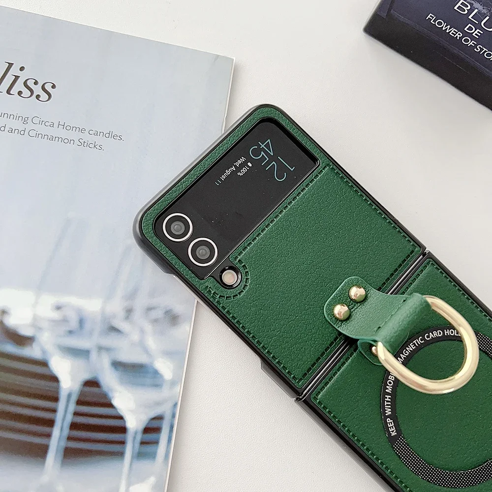 Premium PU Leather Flip Phone Cover with Magsafe-Compatible Ring Holder