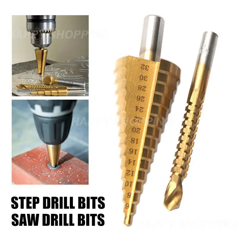 

Высокоскоростное стальное ступенчатое сверло для металла, дерева, сверлильный электроинструмент из быстрорежущей стали с титановым покрытием, большой размер 4-32 мм 4-42 мм