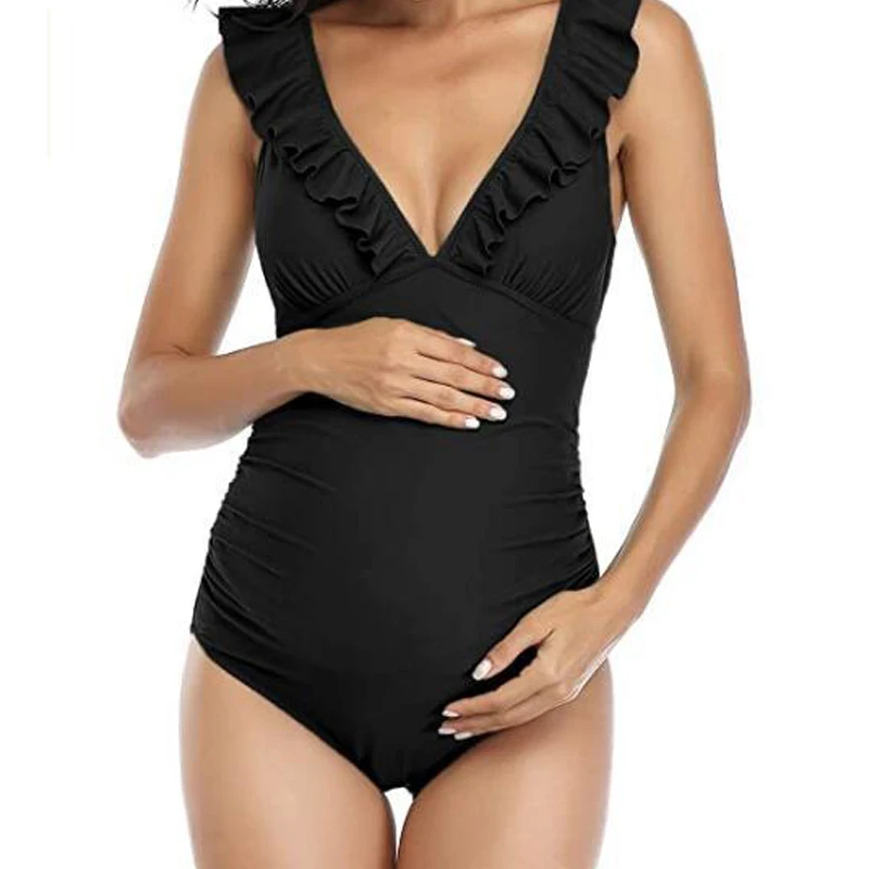 Maternity Swimsuit One Piece Ruffle V Neck Swimwear Lace Up Back Bathing Suit Monokini Maternity Beach Bikini SPA