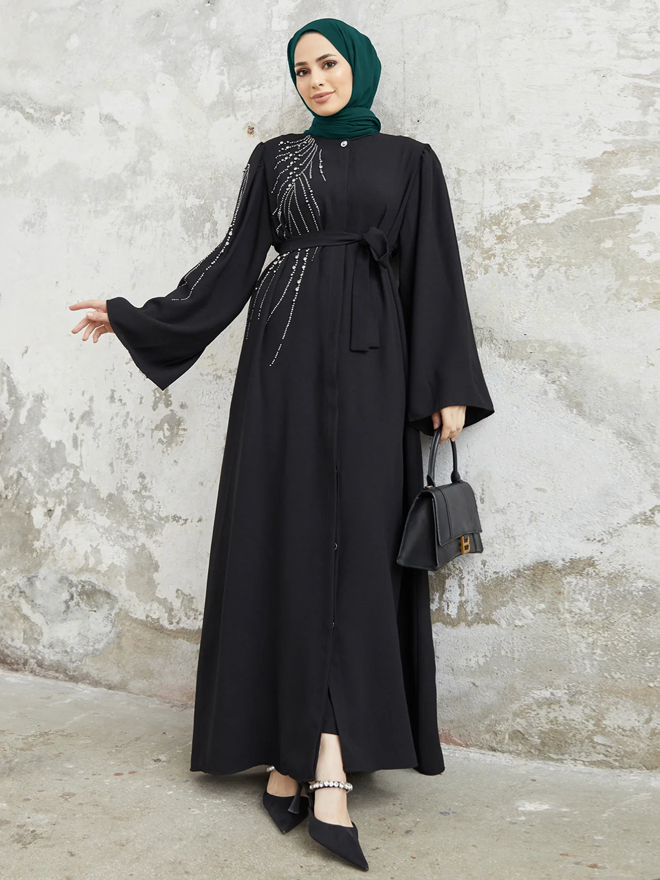 

Autumn Women Muslim Dress Long Sleeve O-Neck Sundress Islamic Abaya Robe Diamonds Elegant Maxi Vestidos Casual Solid Long Dress