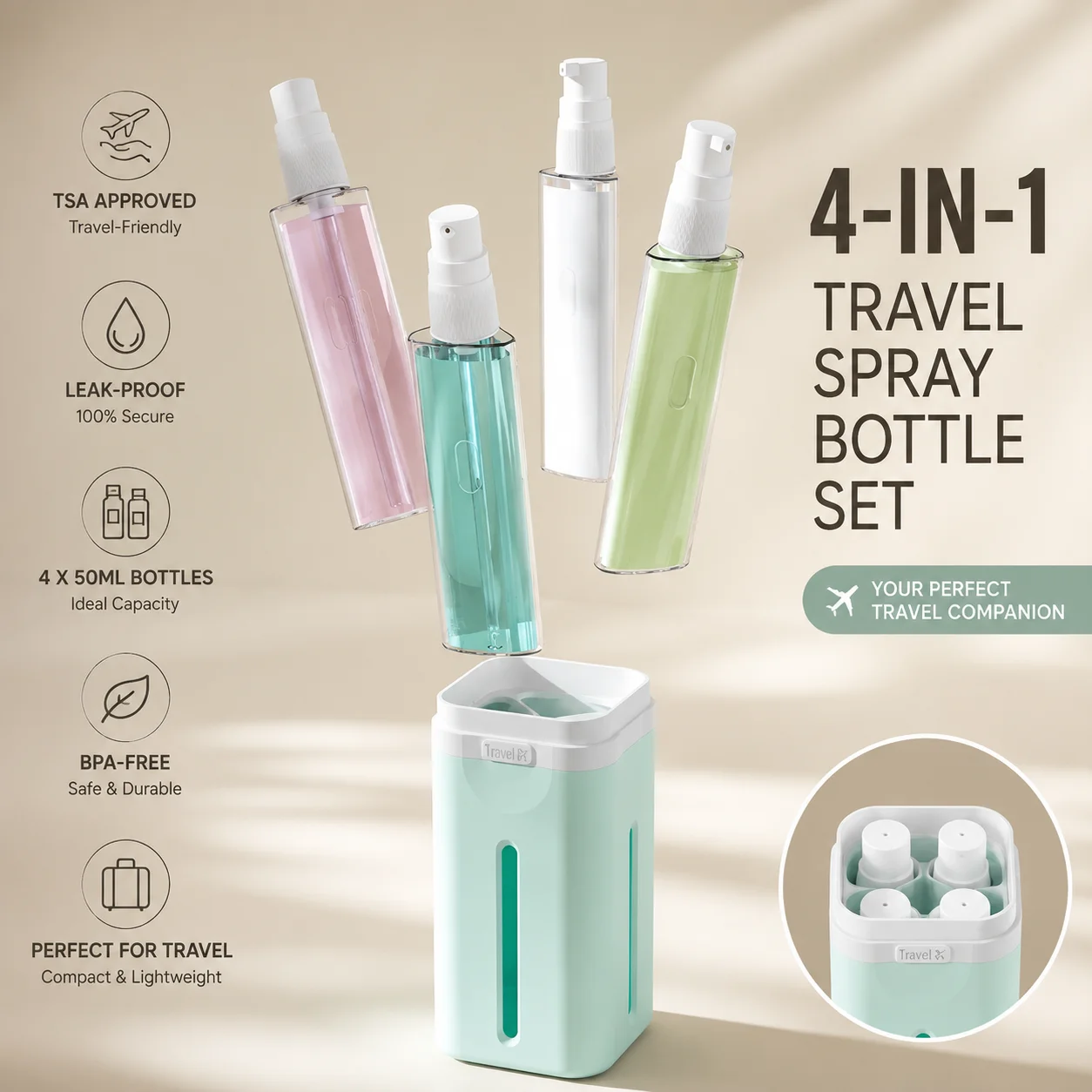 Compact 4-in-1 Refillable Travel Toiletry Set - Leak-Proof Cosmetic Liquid Containers