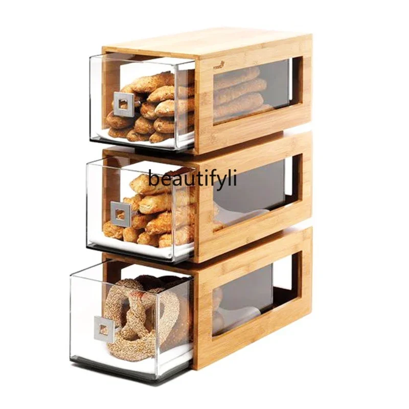 

yj Acrylic Wooden Bread Display Drawer Box Multi-Functional Shopping Mall Supermarket Food Display Dustproof and Waterproof