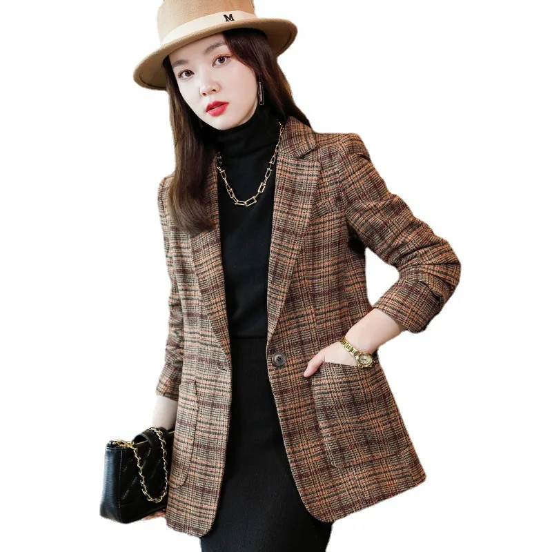 

2022 NEW Fashion Korean Retro Plaid Blazers High-end Women Single Breasted Female Outerwear Work Office Lady Casual Blazer Coat
