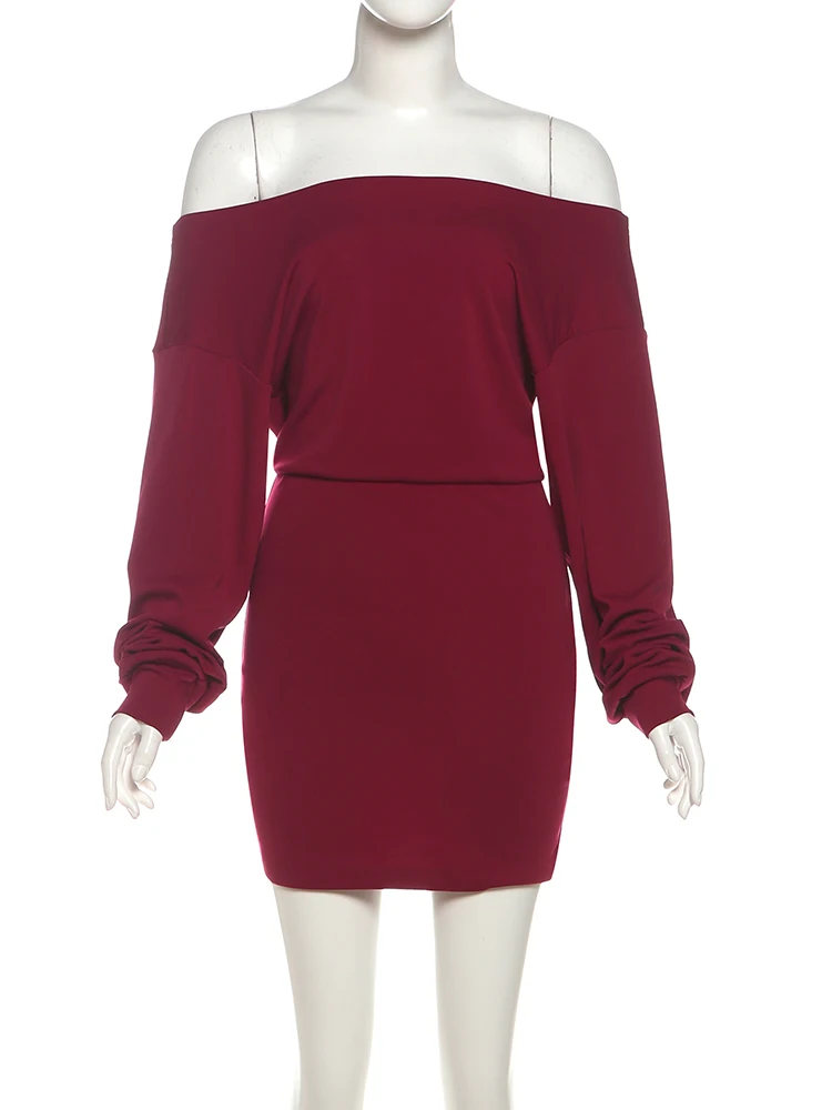 Nibber Shoulder Off Dress Women Ruched Full Sleeve Christmas Party Winner New Trend Elegant Banquet Sweet Solid Mini Bodycon