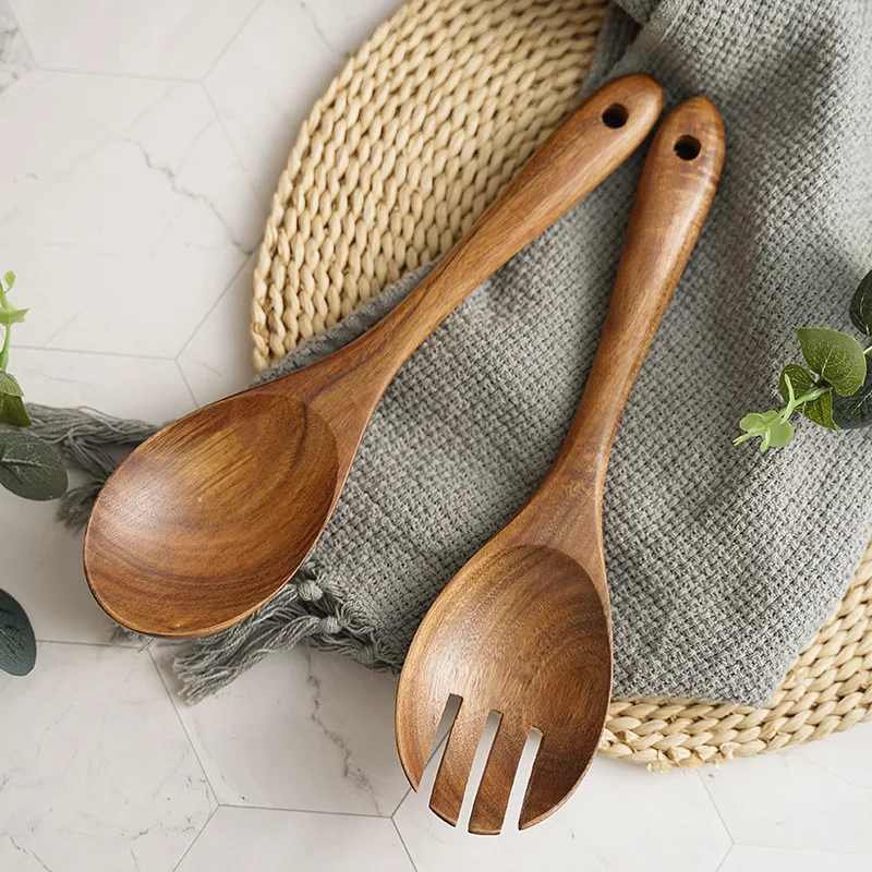 Japanese-style Wooden Cooking Spoon and Fork Set Log Wooden Spoon Fork Salad Pasta Cooking Utensils Suit