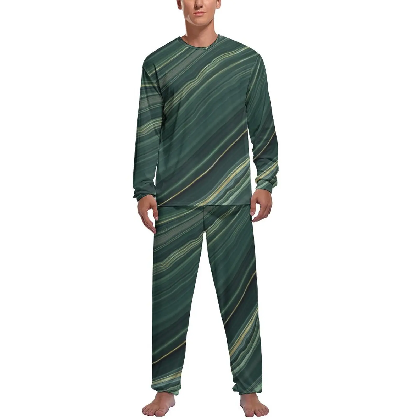 

Marble Print Pajamas Winter Green Liquid Casual Nightwear Mens 2 Piece Custom Long Sleeves Lovely Pajamas Set