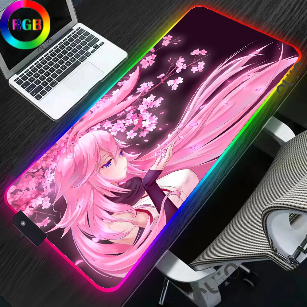 

OUIO 900x400/350X600mm Anime Pink Flower Hair Girl RGB Large Gaming Mouse Pad LED Lighting Mousepad Gamer Computer Desk Mat Pad