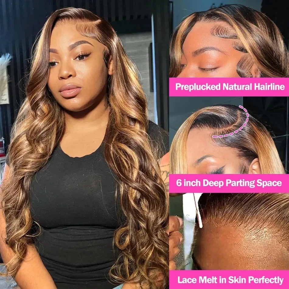 30 40 Inch Highlight 13x6 HD Lace Frontal Human Hair Body Wave Wigs 4/27 Color Water Wave Transparent Lace Front Wig For Women