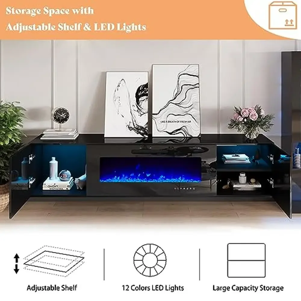 Mirrored Wall Mounted Entertainment Center with LED Lights & 40" Electric Fireplace Space Efficient Floating TV Stand Stylish 5