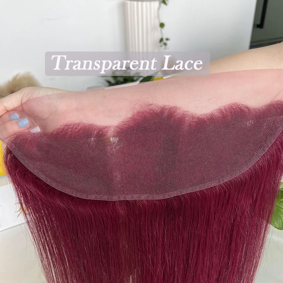 99J 버건디 컬러 13x4 레이스 정면 스트레이트 인모, 투명 레이스 멜트 스킨, 보이지 않는 레이스,  머리로 미리 뽑은