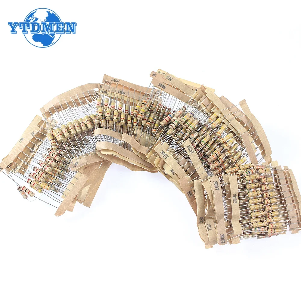 480PCS 48Values Resistor Kit 1K ~2M Ω with 5% 1W Carbon Film Resistors Assortment Electronic Color Ring Resistance Assorted Kit