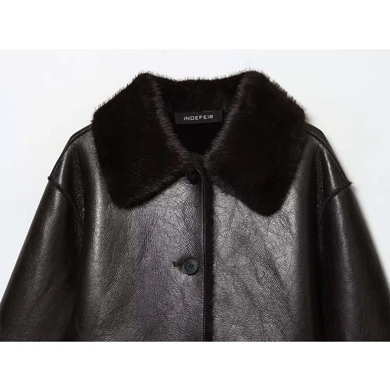 Women Faux Leacher Jacket Long Sleeve Double-Sided Wear Fleece Warm Short Coat Causal Autumn Winter Streetwear New Outerwear﻿