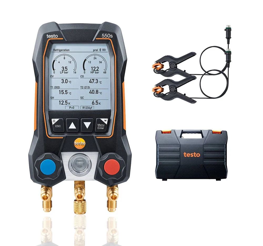 Testo 550 Kit Manometro Collettore Digitale Pressione Aria Condizionata Con Bluetooth / App 0563 1550, Sonde A Pinza 2 Pezzi, Valigia