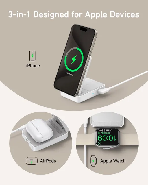 Anker MagGo 3-in-1 Charging Station, Qi2 Certified 15W MagSafe-Compatible Wireless Charger Stand,Apple Watch Charger for MagSafe - Hình ảnh 5