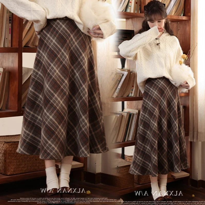 Korean Style Maternity Coffee Long Plaid Skirts Thick Warm Pregnant Woman Woolen Belly Skirt Plus Size Pregnancy Umbrella Skirt