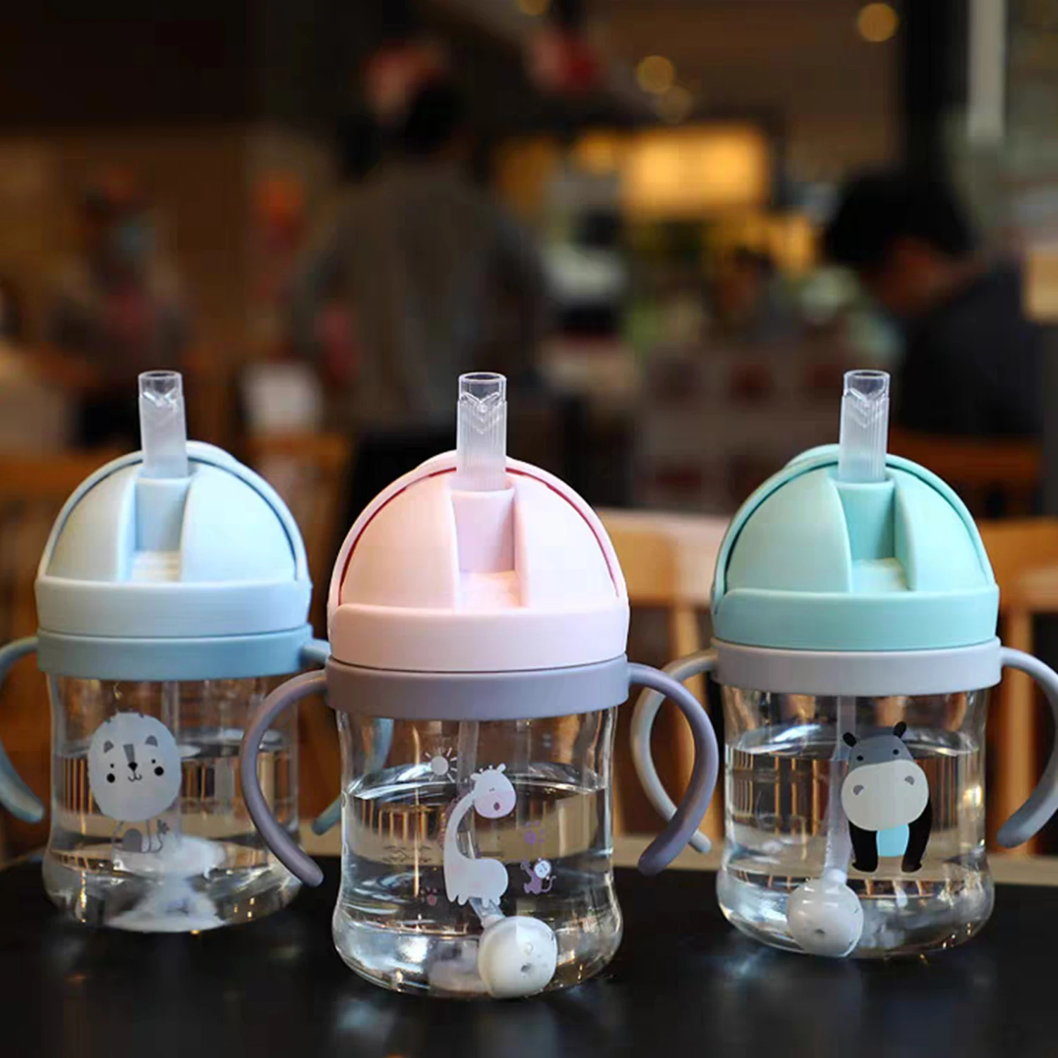 Water Bottle Milk Bottle Feeding Bottle Glass Milk Bottle 250ml Cartoon Pattern Outdoor Children Drinking Cup Training Portable Handle Straw Cup