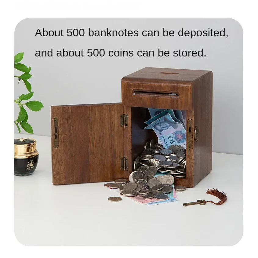 Solid wood piggy bank, Can store and retrieve coins Storage tank, birthday gift Wooden lockable money storage box 2