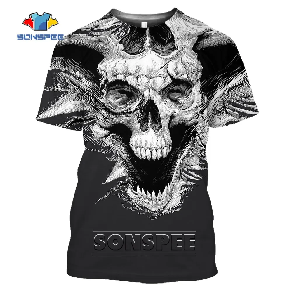 

SONSPEE Abstract Style 3D Printed T-Shirts Summer Black and White Image Skull Graphic Harajuku Street Short Sleeve Oversize Tees