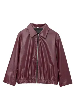 HH الشارع بولي Leather سترة نسائية جلدية خمر موضة سستة كم طويل معطف الإناث 2024 الخريف بدوره إلى أسفل طوق سيدة أبلى 4