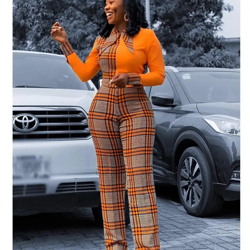 Autumn Women's Casual Jumpsuit Temperament Checkered Printed One Piece Long Sleeve Women's Wear