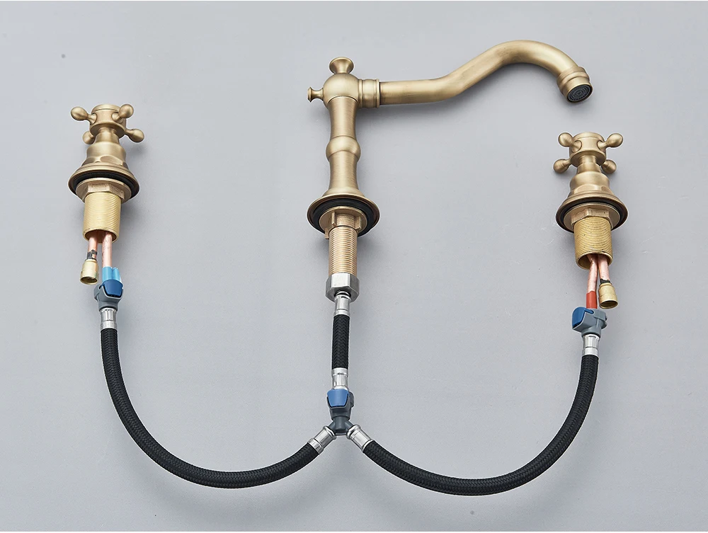 Badezimmer-Mischbatterien aus antikem Messing, weit verbreiteter Waschbecken-Wasserhahn, Doppelgriffe, heißer und kalter Wasserhahn, Deckmontage, Messing-Waschtischarmatur – Detail 24