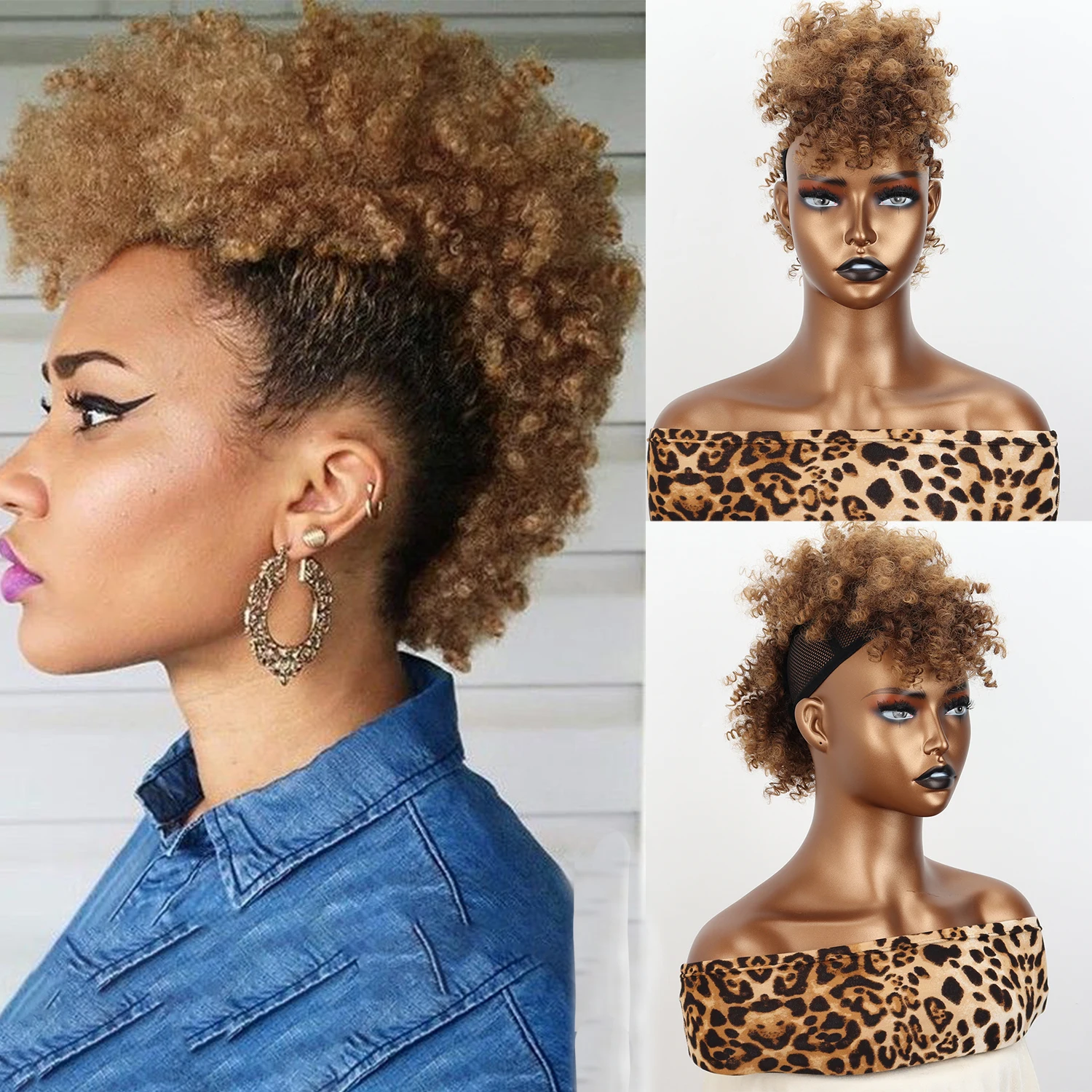 Synthetic high fluffy African ponytail women short curvy curly ponytail extended bun with bangs