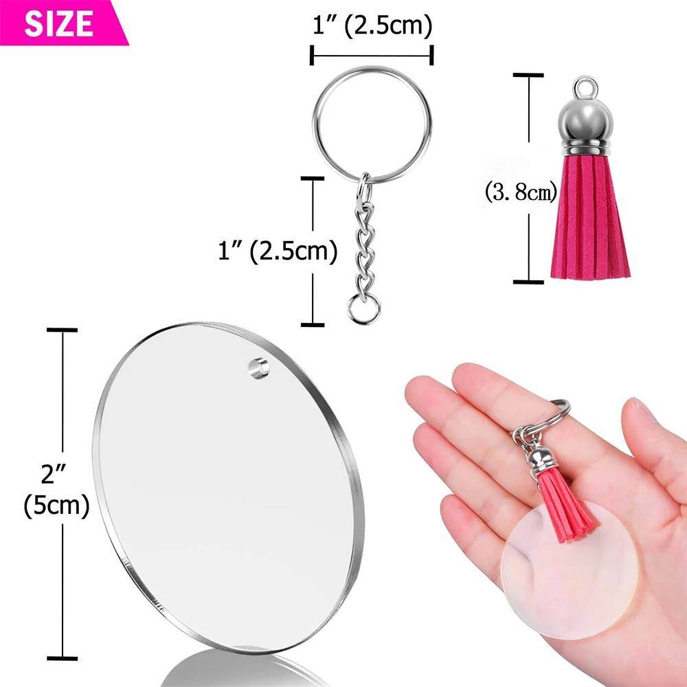 DIY Keychain Multi-coloured Tassel Pendant Round Acrylic Key Chain Metal Keychain Ring Set Accessories