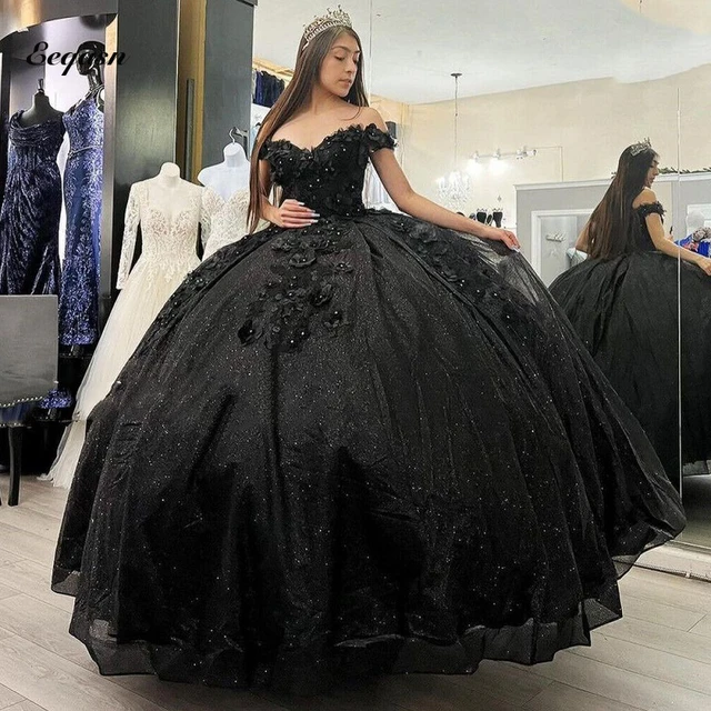 فساتين Quinceanera سوداء سباركلي مع زهور ثلاثية الأبعاد مزينة مشد علوي  الأميرة الكرة ثوب الحلو 16 فستان Vestidos de XV años - AliExpress