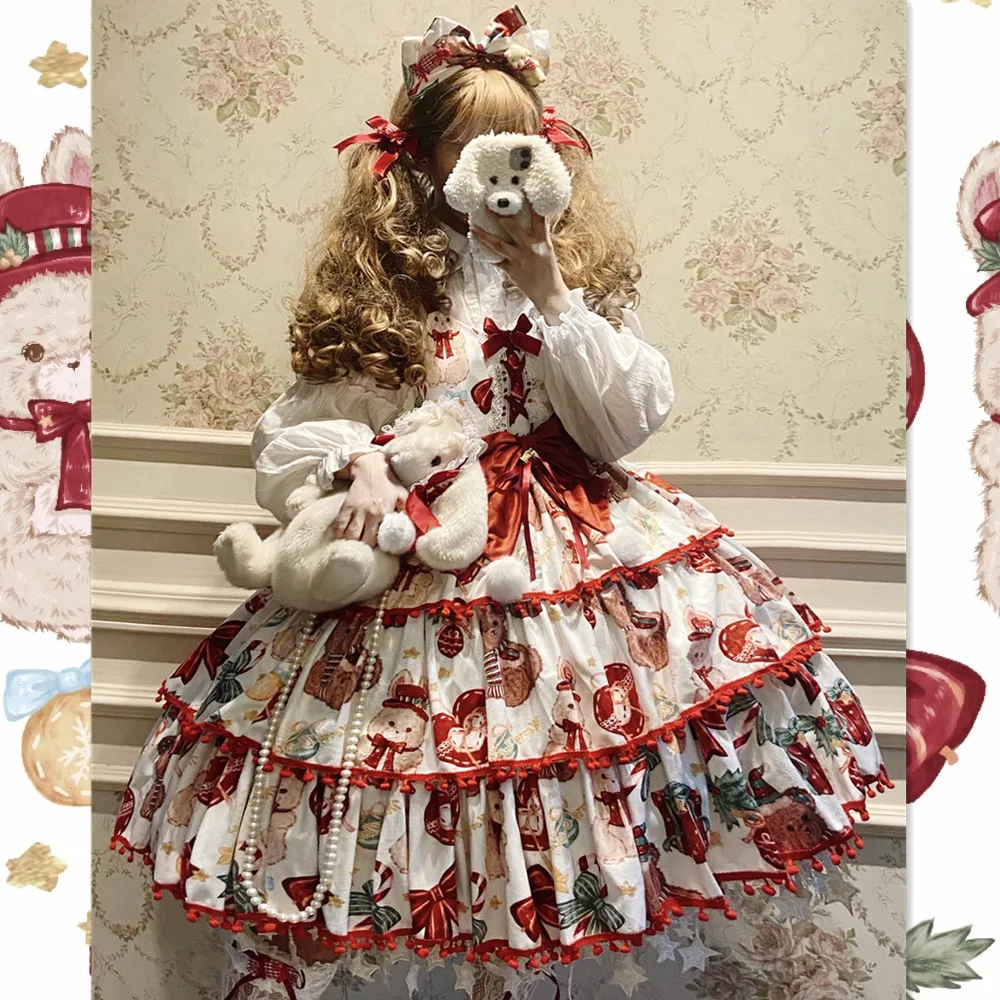 

Christmas Lolita Dress Kawaii Women New Year 2023 Sweet Lace Ruffle Patchwork Puff Long Sleeve Dress Red Princess Plaid