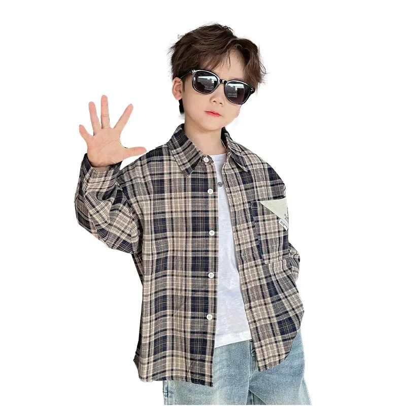 Plaid Long Sleeve Shirt for Boys Spring Autumn Fashionable Checkered Children's Clothing Small Medium Size Kids' Outerwear