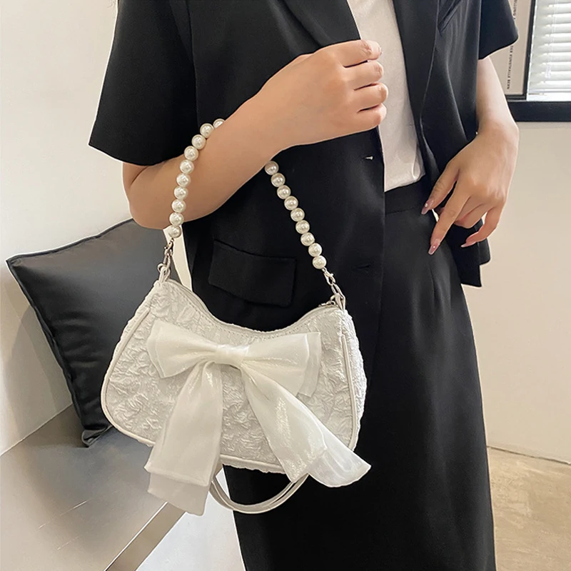 Elegant Pearl-Embellished Retro Designer Handbag with Bow - Luxury Canvas Crossbody Shoulder Bag