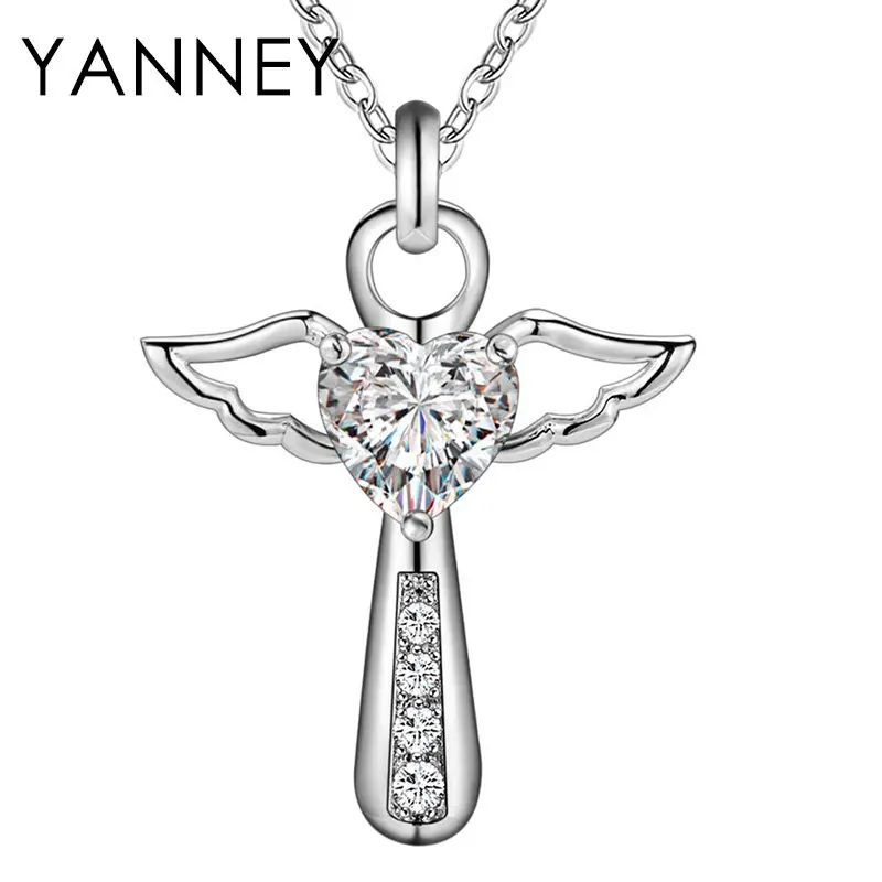 

18 Inches 925 Sterling Silver Purple/Silver Heart Zircon Feather Cross Necklace For Women Fashion Wedding Jewelry Accessories