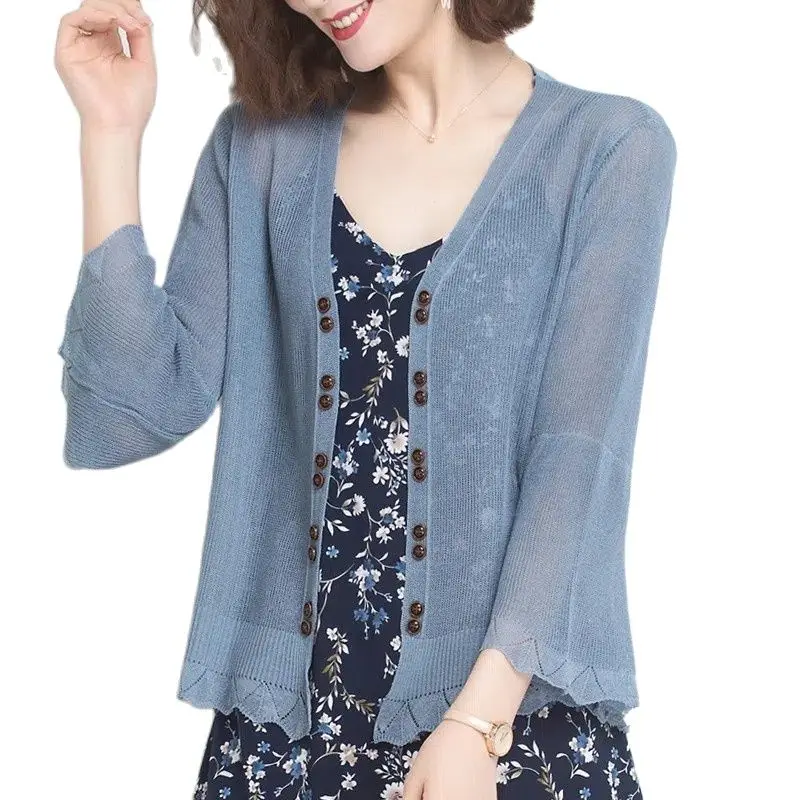 

Fashion Lce Silk Knitted Coat Cardigan Female Sunscreen Clothing Women's Thin Outerwear 2023 New Summer Shawl Jacket Female Tops