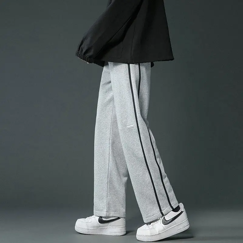 Korean Fashion Men Clothing Straight Sweatpants Spring Autumn Streetwear Casual Versatile Elastic Waist Loose Striped Trousers