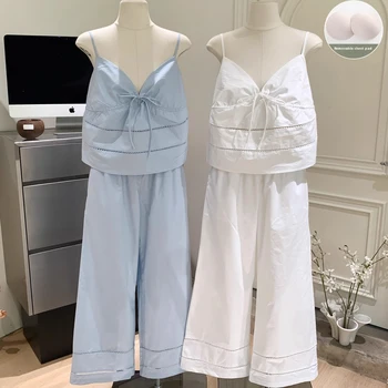 Pigiama sexy da donna Set con scollo a V Abito elegante minimalista in finto cotone con fiocco Top senza maniche Pantaloni lunghi Cuscinetti per reggiseno da notte 1