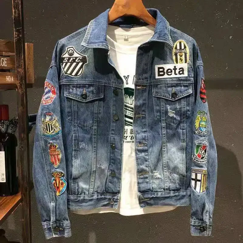 thumbnail image 1 of Abrigo vaquero para hombre, chaqueta vaquera con botones, holgado, con agujeros, rasgado, estilo rockero, de Corea, nuevo, al precio más bajo, ropa de hombre de moda desgastada, 1 of 4
