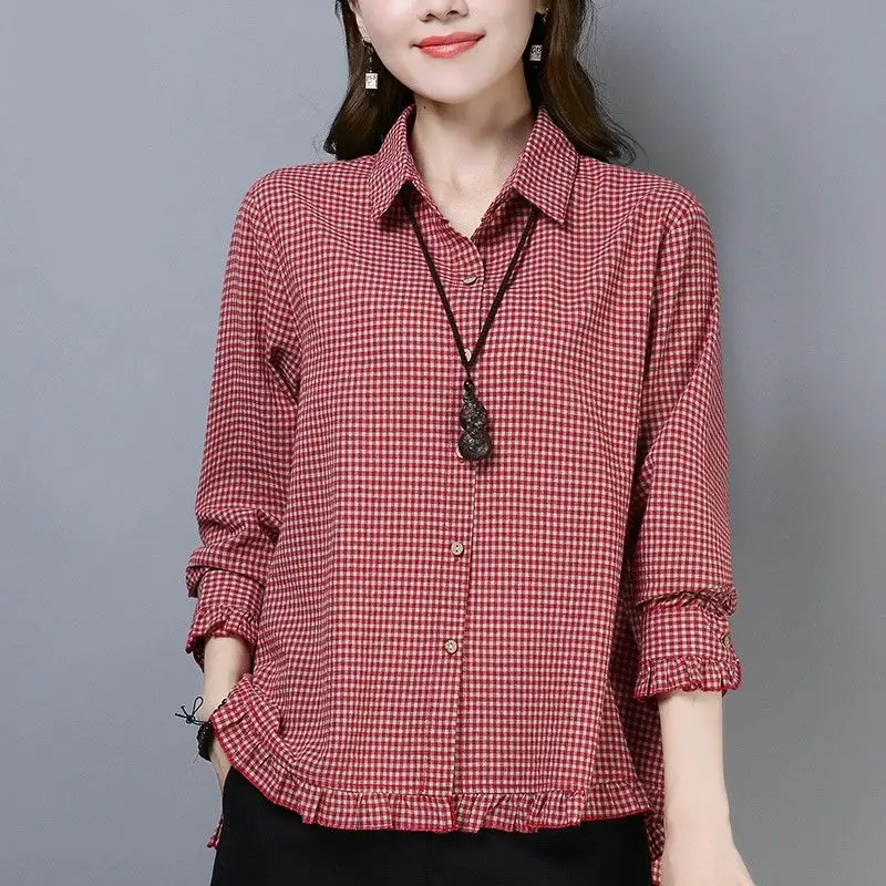 Vintage Printed Ruffles Butterfly Sleeve Plaid Shirt Women's Clothing 2023 Autumn Winter New Casual Tops Commuter Blouse