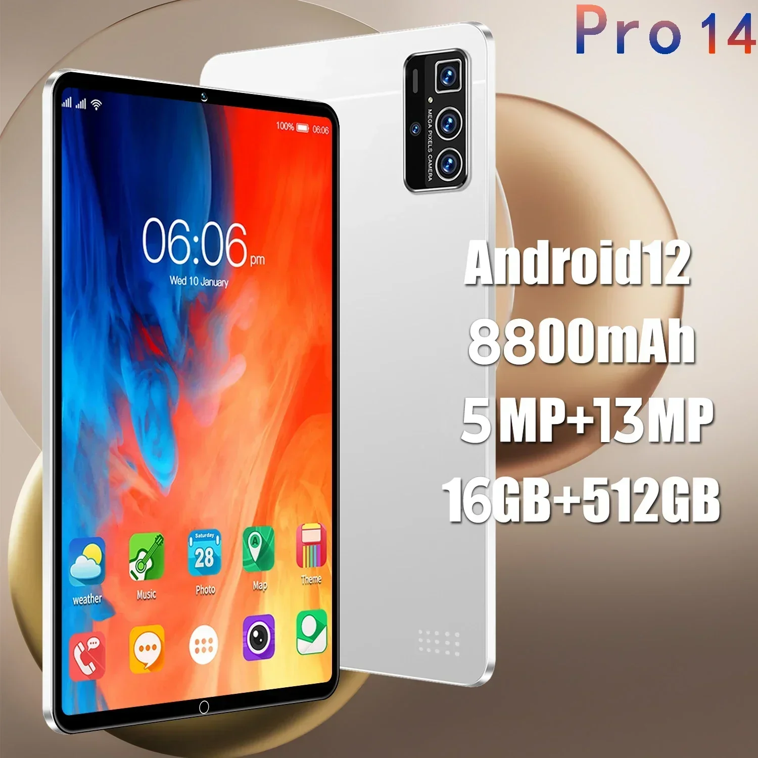 노트북 5G 듀얼 SIM 카드 또는 와이파이 구글 플레이 태블릿용 글로벌 버전 태블릿, 10.1 인치 HD 안드로이드 프로 14, 16G + 512GB, 신제품